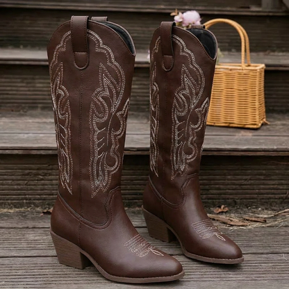 Damen Cowboystiefel mit Stickerei – Stiefel mit Blockabsatz