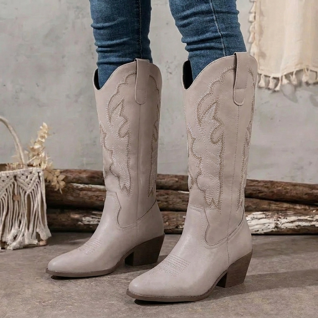Damen Cowboystiefel mit Stickerei – Stiefel mit Blockabsatz