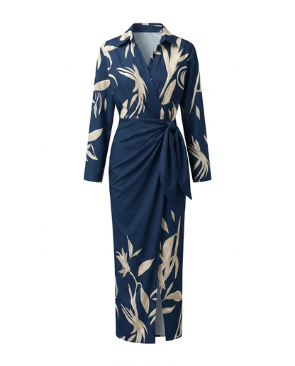 Wickelkleid mit Blätter-Print – Maxikleid mit V-Ausschnitt und langen Ärmeln