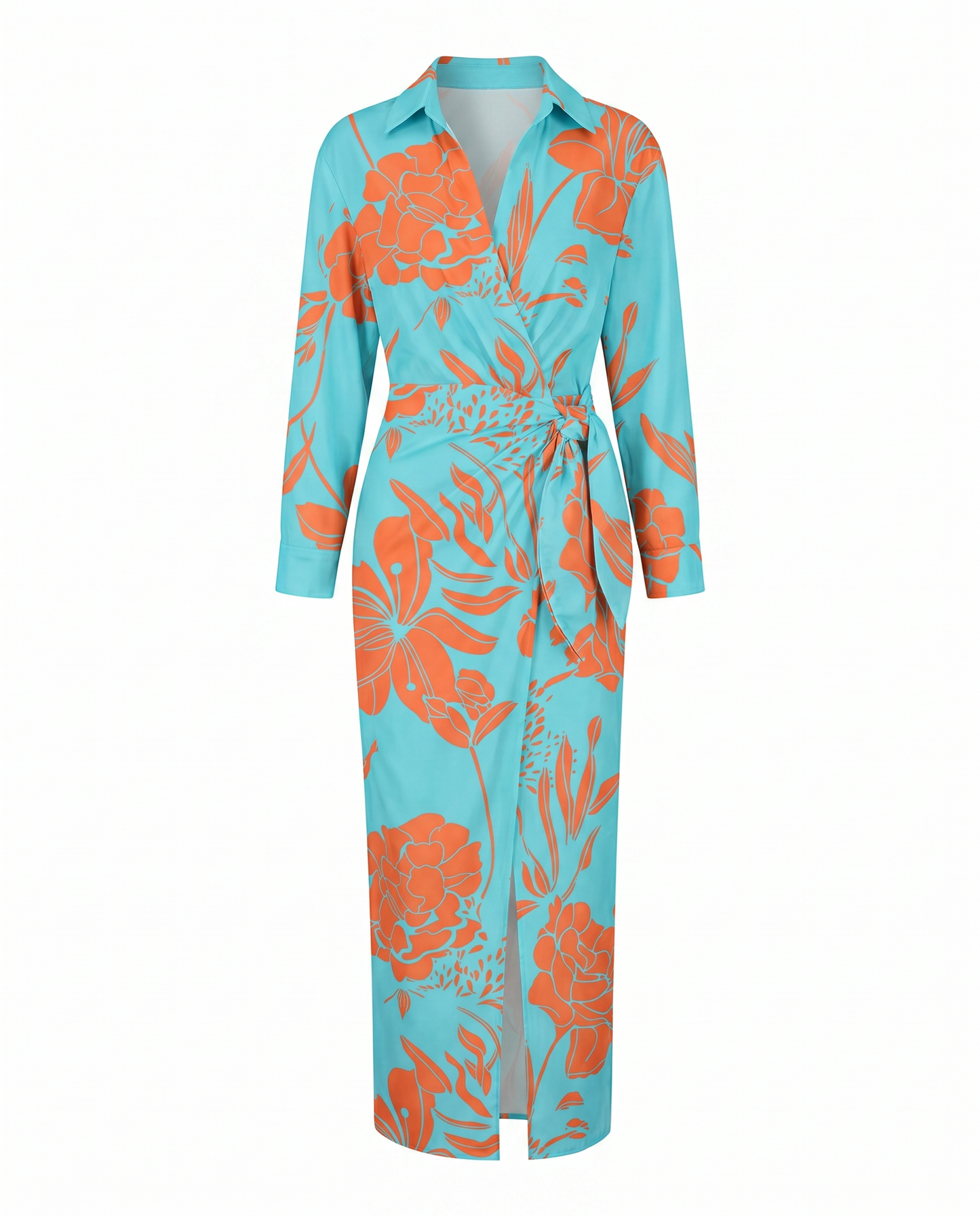 Wickelkleid mit Blätter-Print – Maxikleid mit V-Ausschnitt und langen Ärmeln