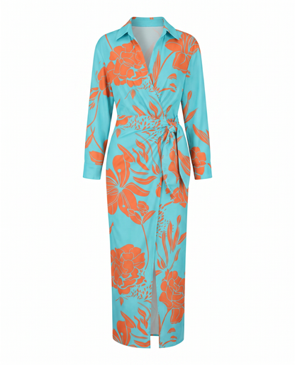 Wickelkleid mit Blätter-Print – Maxikleid mit V-Ausschnitt und langen Ärmeln