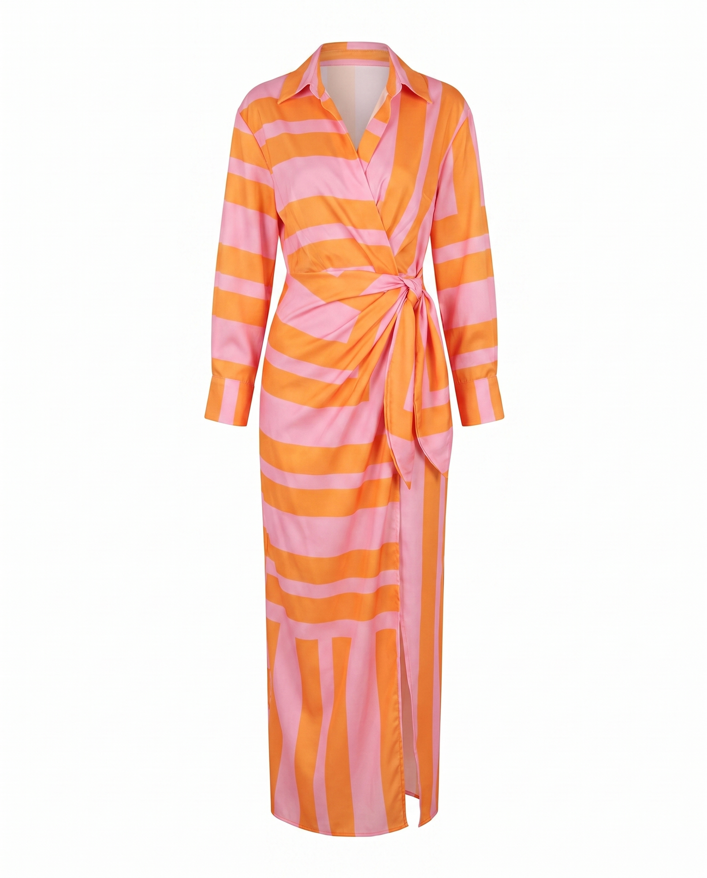 Wickelkleid mit Blätter-Print – Maxikleid mit V-Ausschnitt und langen Ärmeln