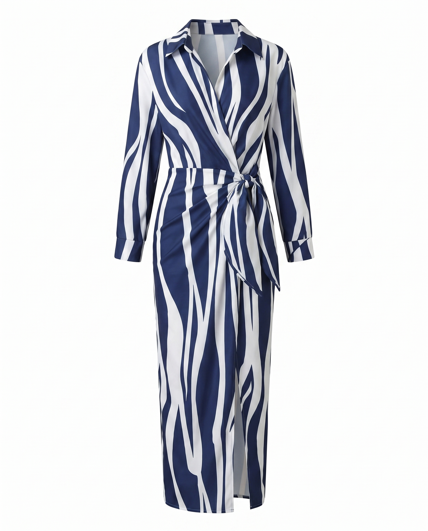 Wickelkleid mit Blätter-Print – Maxikleid mit V-Ausschnitt und langen Ärmeln