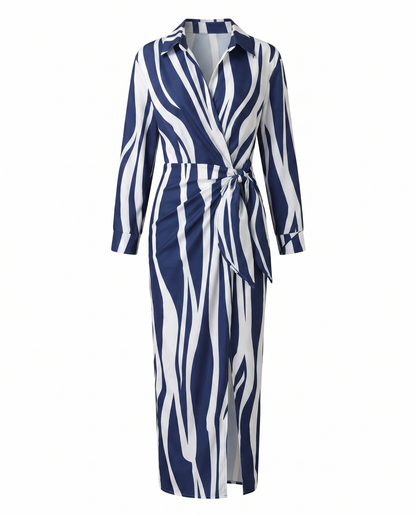 Wickelkleid mit Blätter-Print – Maxikleid mit V-Ausschnitt und langen Ärmeln