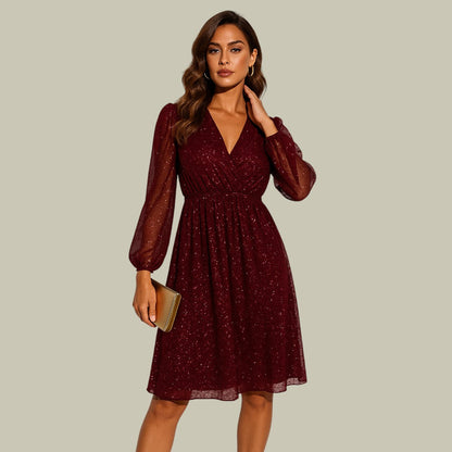 Damen Glitzerkleid mit V-Ausschnitt – Mini-Kleid mit Mesh