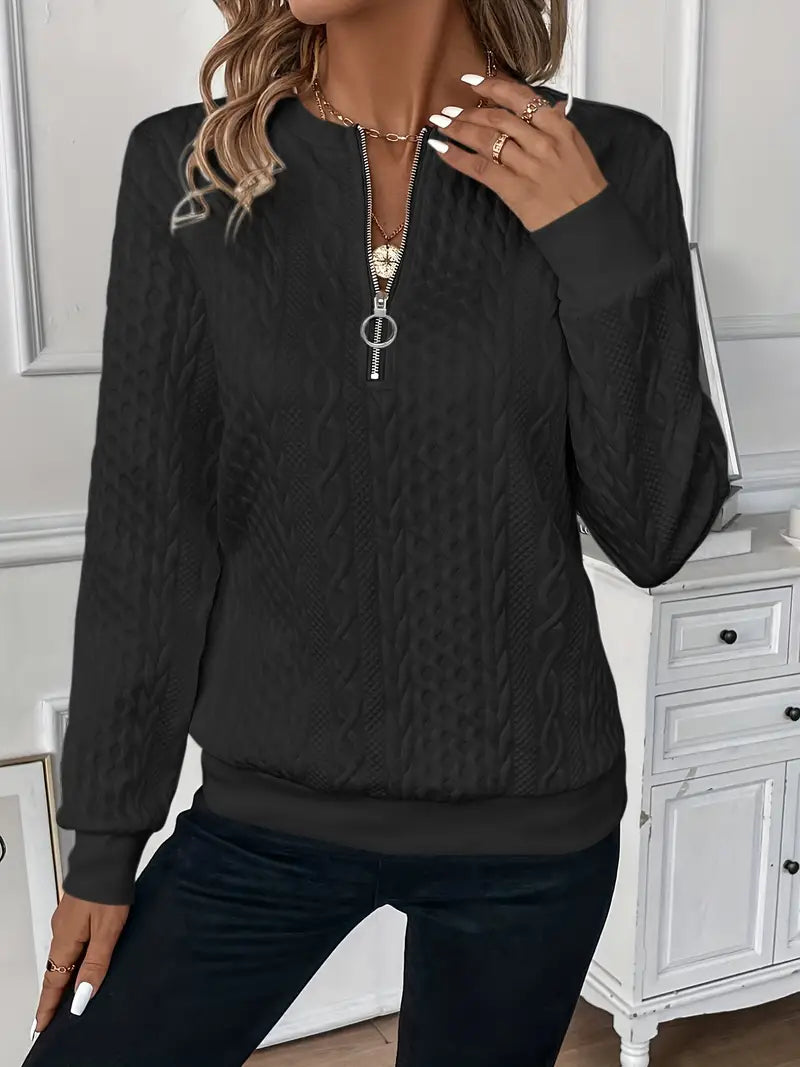 Damen Troyer-Pullover mit Reißverschluss – gerippter Saum