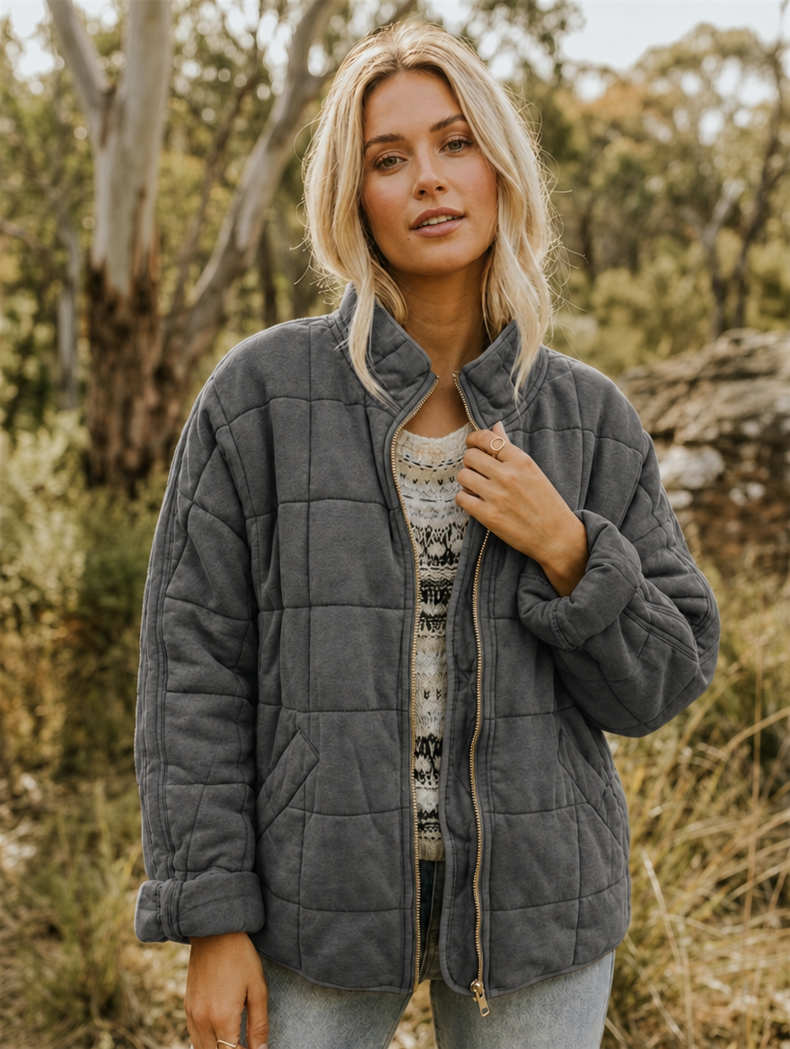Damen Steppjacke mit Reißverschluss lässige Übergangsjacke
