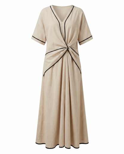 Sommerkleid mit Twist-Front – Maxikleid mit V-Ausschnitt und Kontrastpaspel