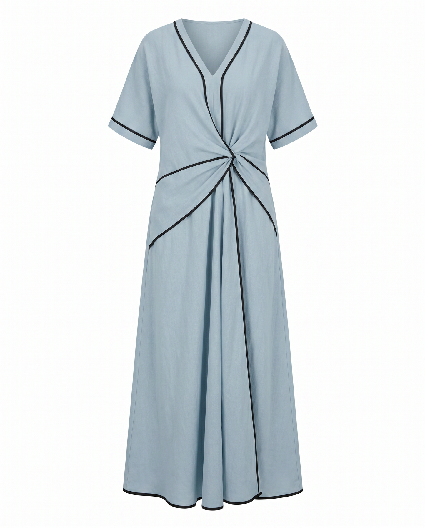 Sommerkleid mit Twist-Front – Maxikleid mit V-Ausschnitt und Kontrastpaspel