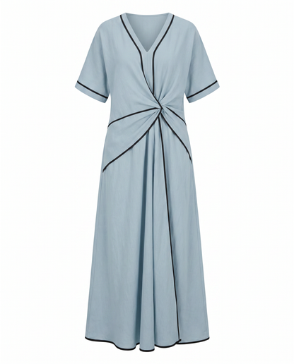 Sommerkleid mit Twist-Front – Maxikleid mit V-Ausschnitt und Kontrastpaspel